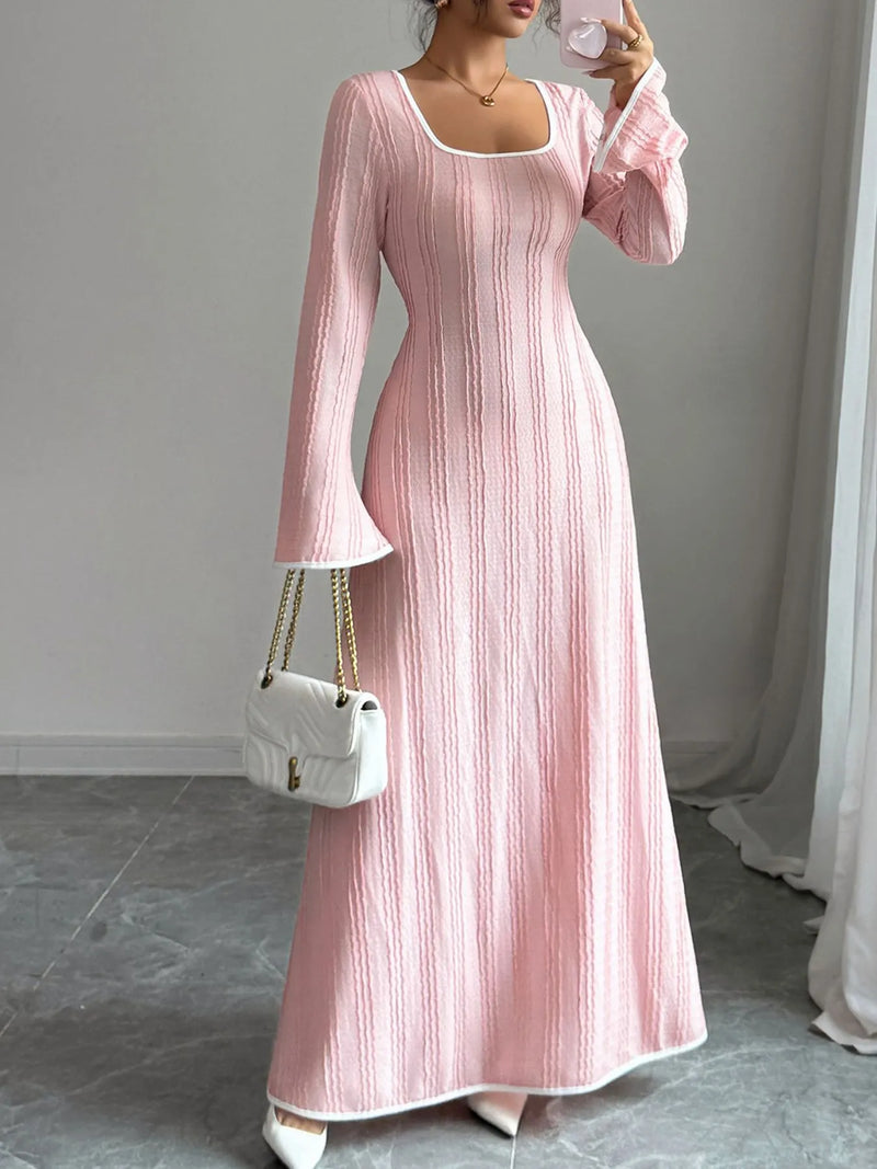 Textured square neck long sleeve maxi dress in blush pink, front view