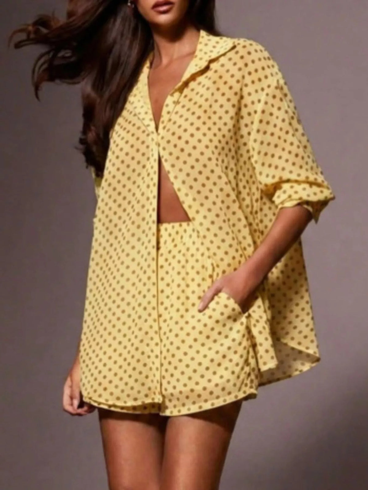 Womens polka dot button up shirt and shorts matching set