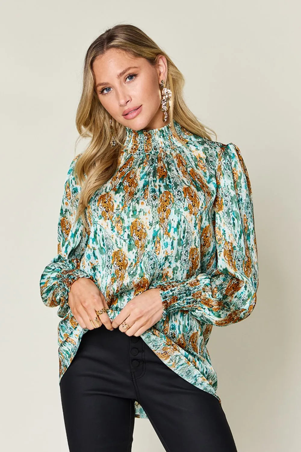 Double Take Printed Frill Smocked Long Sleeve Blouse, view 28