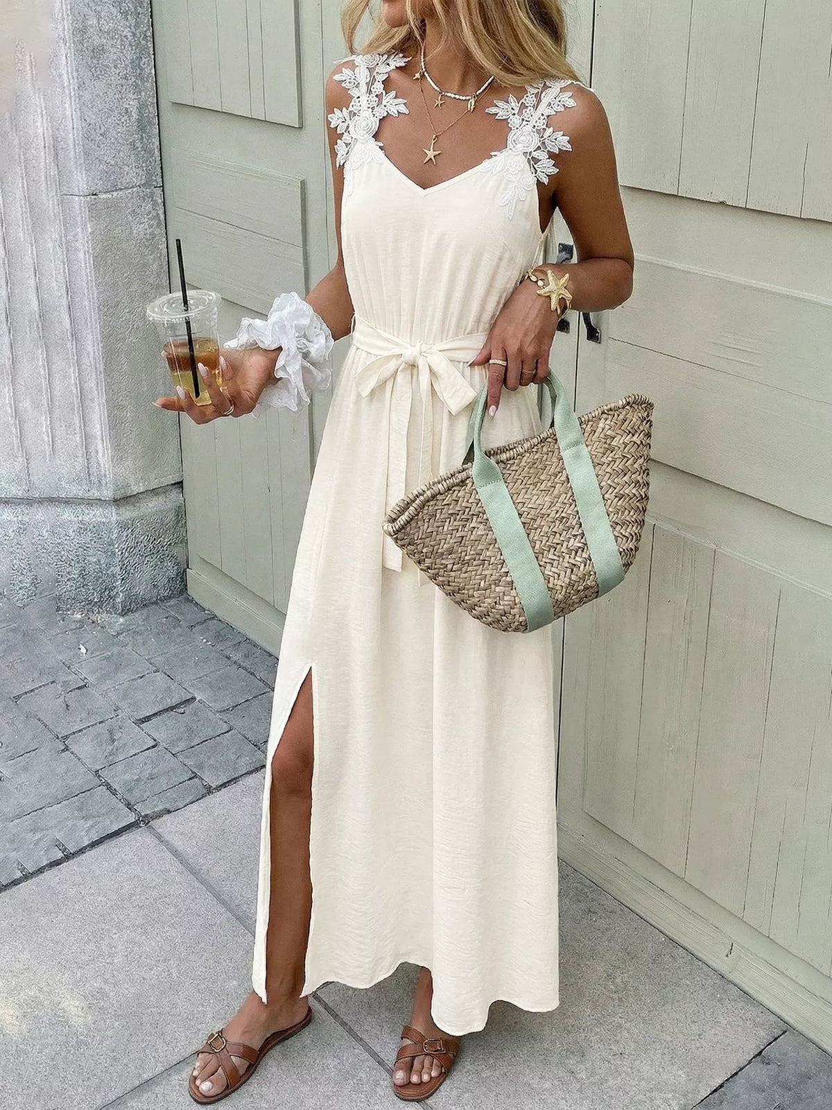 Lace Trimmed Slit Maxi Dress front view