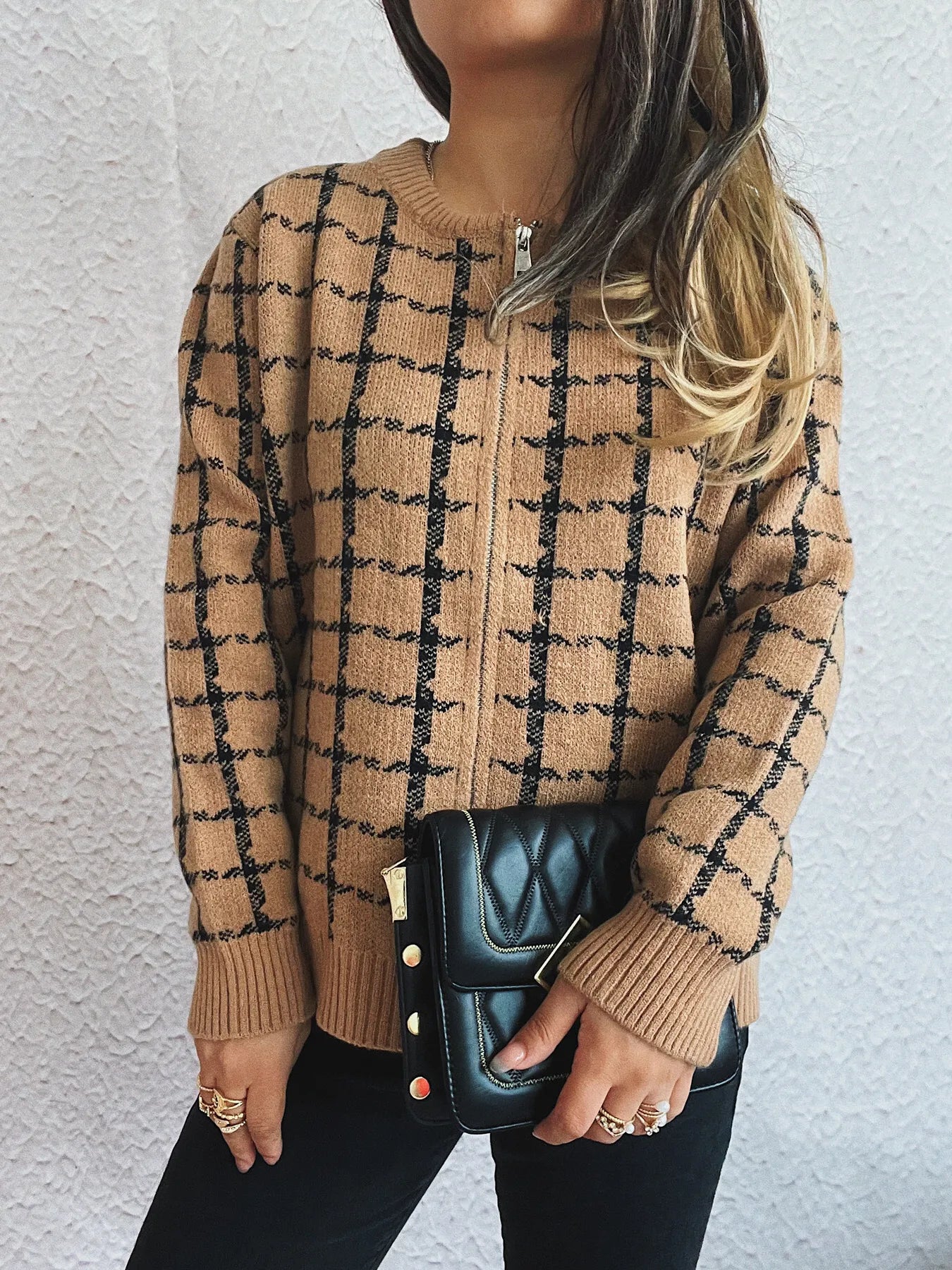 Plaid Pattern Zip Up Cardigan - Fashorio