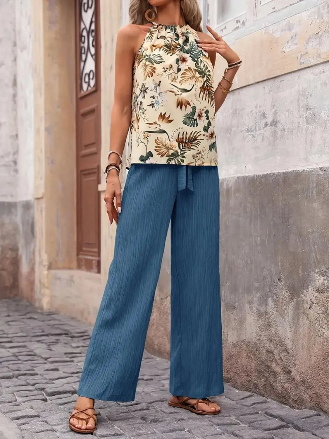 Printed Tank Top and Wide Leg Pants Set - Fashorio