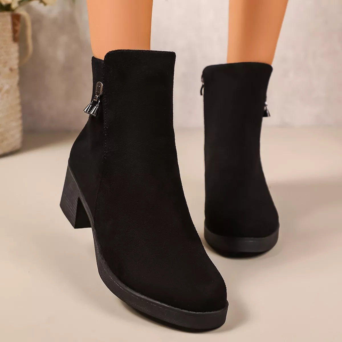 Pointed Toe Suede Block Heel Boots side profile