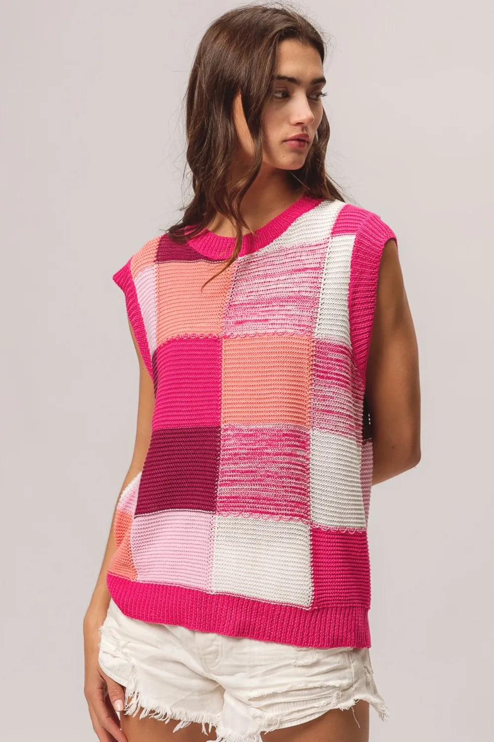 Color Block Round Neck Sweater Vest in Fuchsia back view
