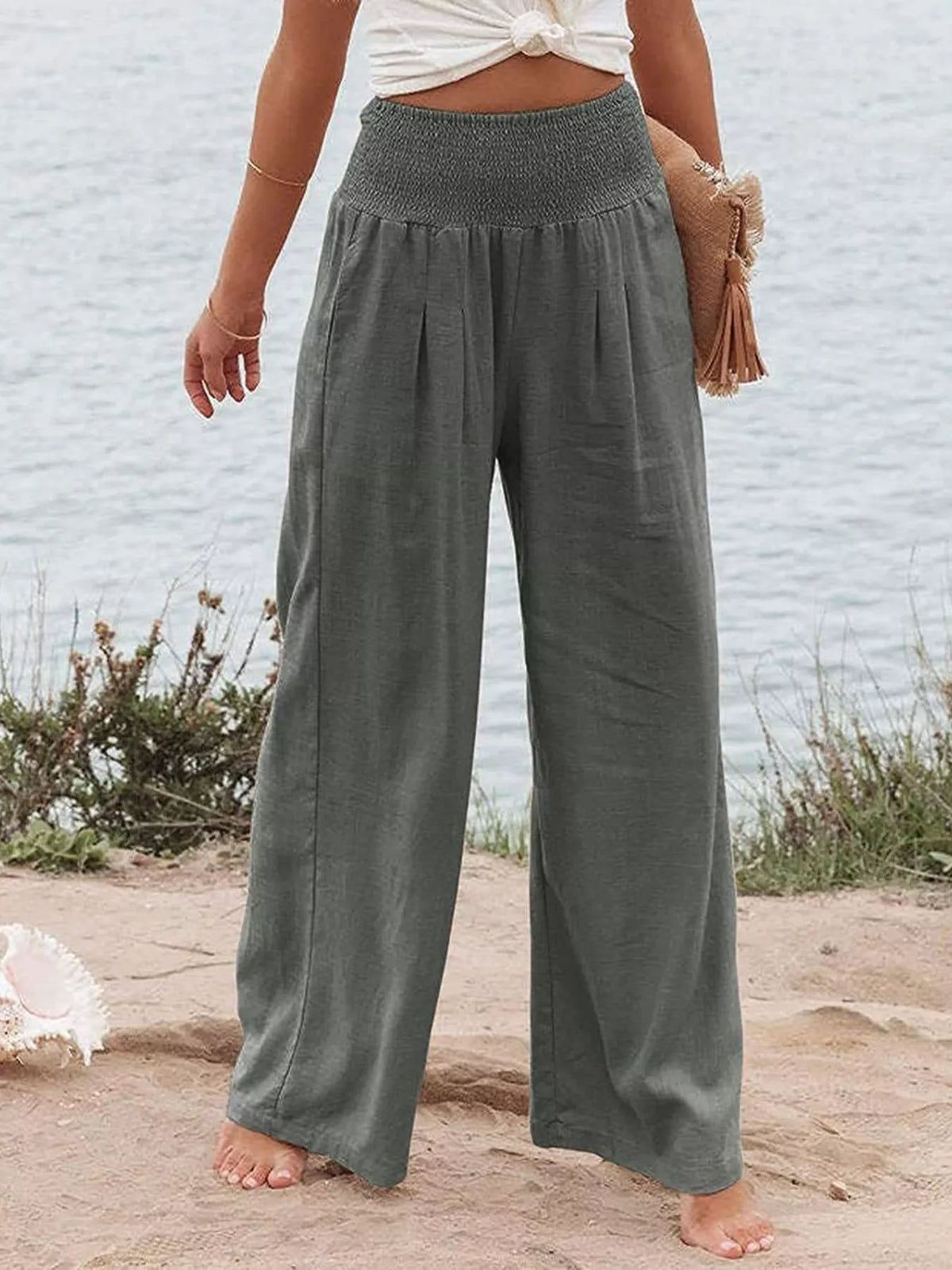 Smocked high waisted wide leg pants detail view
