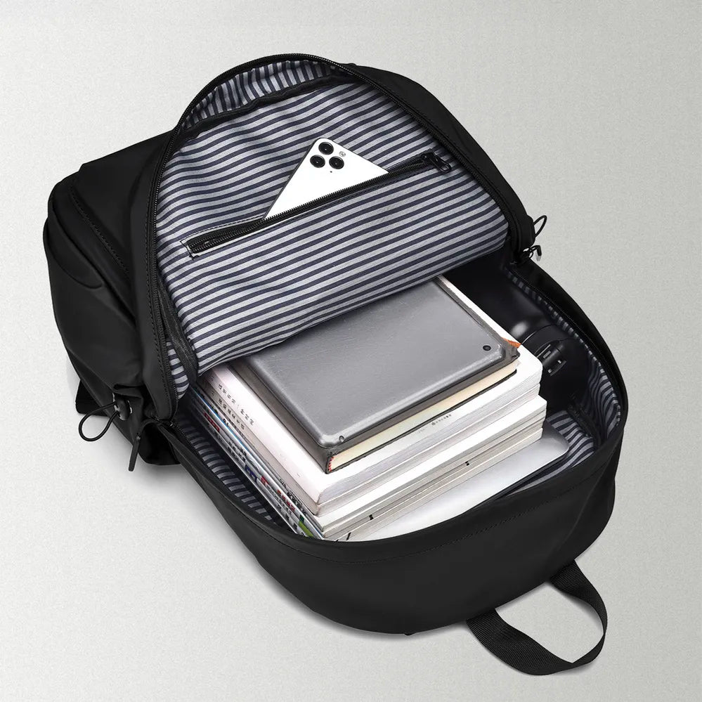 Multi pocket leather backpack interior view
