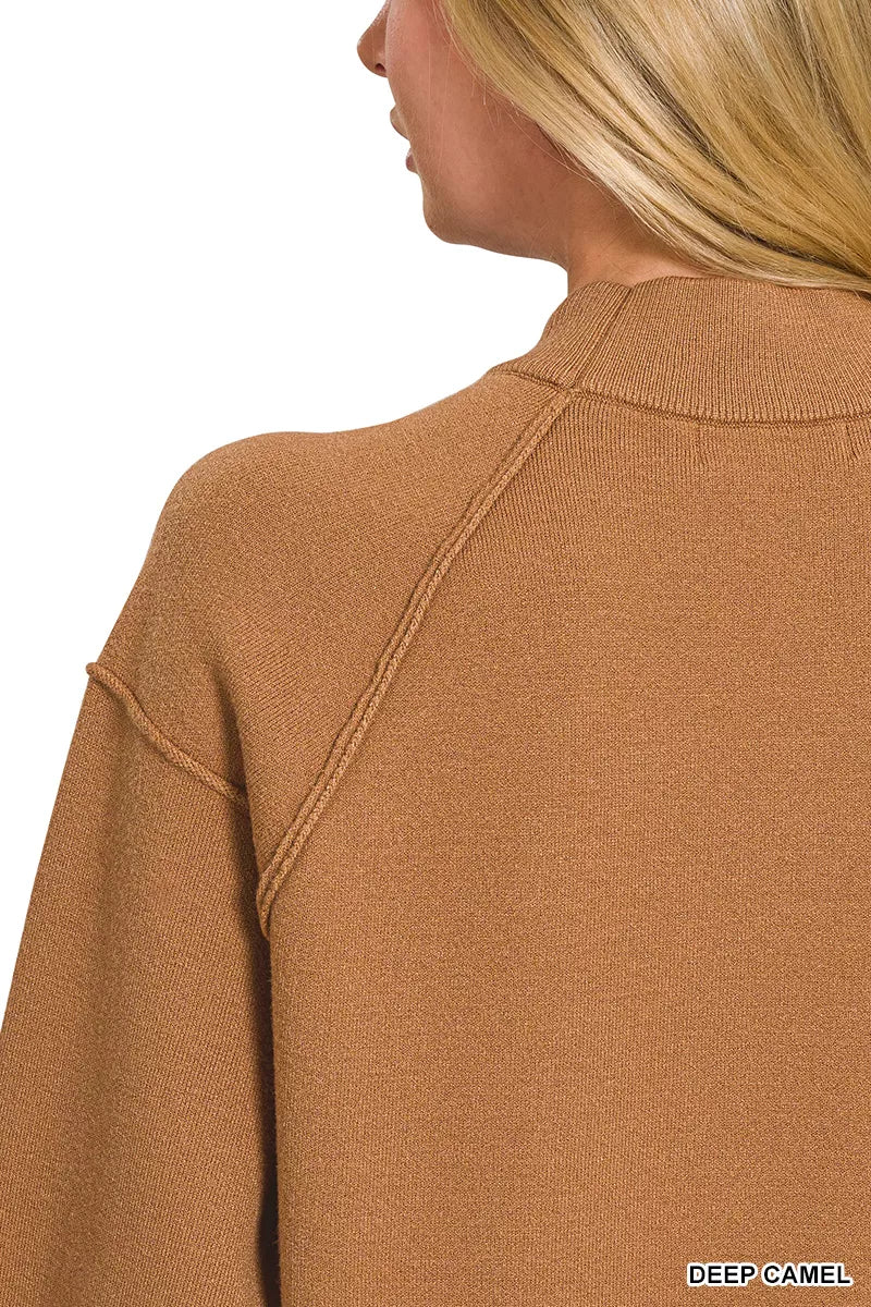 Viscose Mock Neck Exposed Seam Sweater in Camel detail