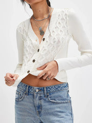 V-Neck Button Up Cropped Cardigan White - Fashorio