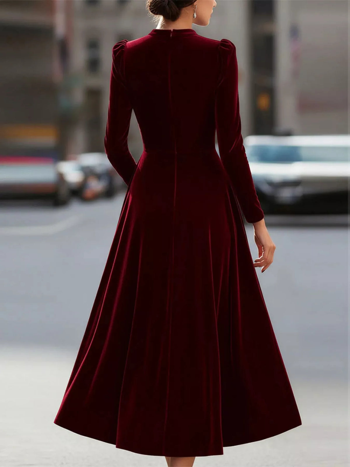 velvet long sleeve A line dress detail view