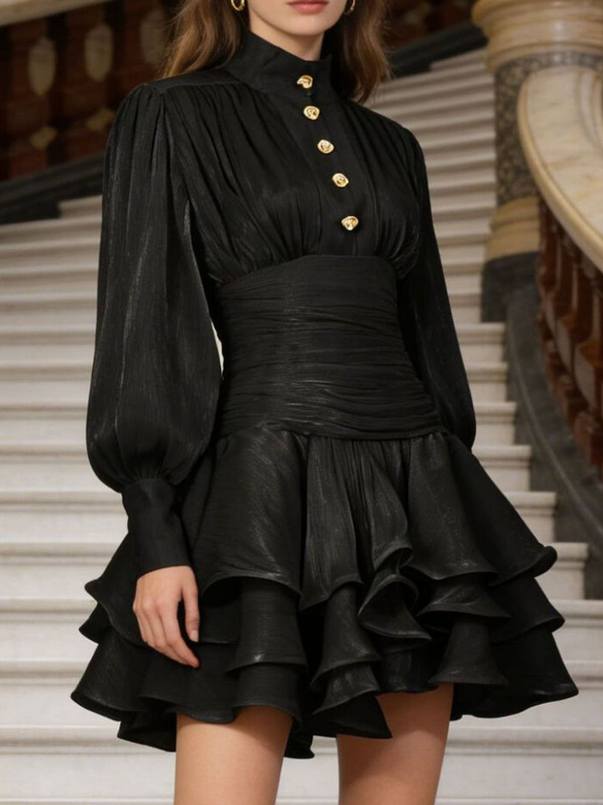 Ruffled layered lantern sleeve mini dress full length styling