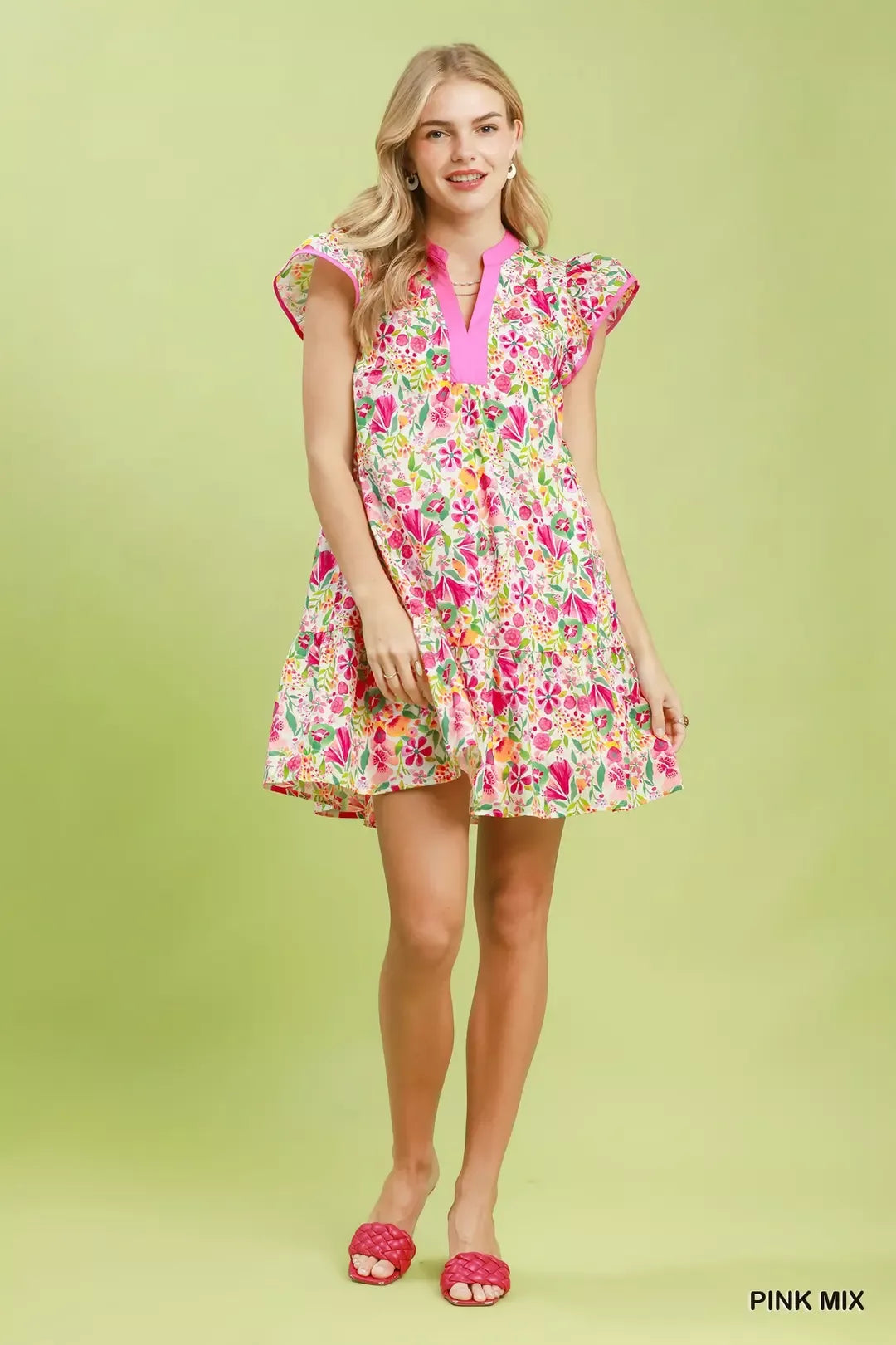 Pink floral flutter sleeve tiered mini dress styled view