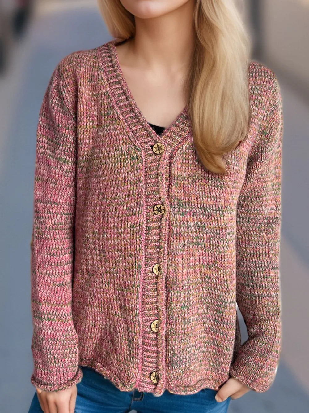 Heathered V-Neck Long Sleeve Cardigan Dusty Pink One Size - Fashorio
