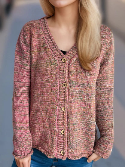 Heathered V-Neck Long Sleeve Cardigan Dusty Pink One Size - Fashorio