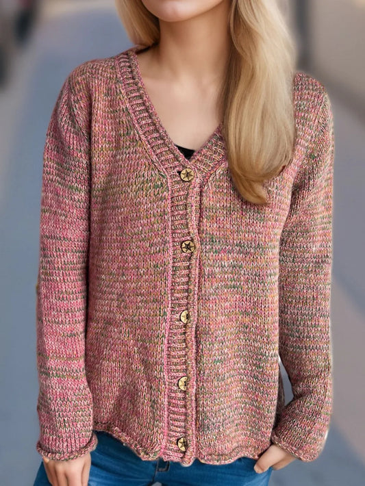 Heathered V-Neck Long Sleeve Cardigan Dusty Pink One Size - Fashorio