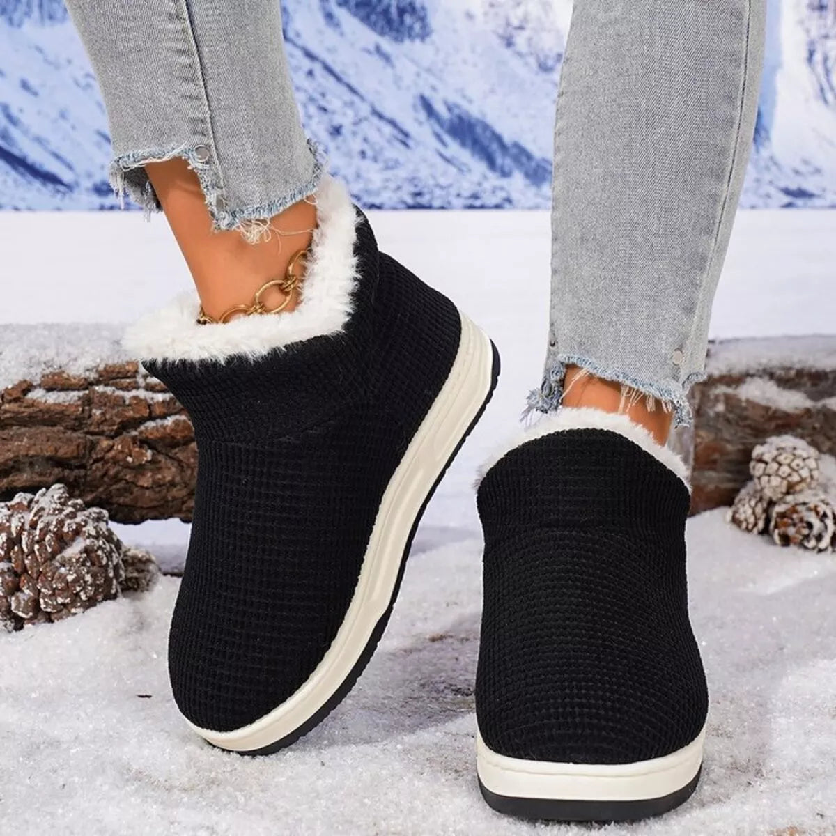 Cozy knit ankle boots in Burgundy, angled three quarter view