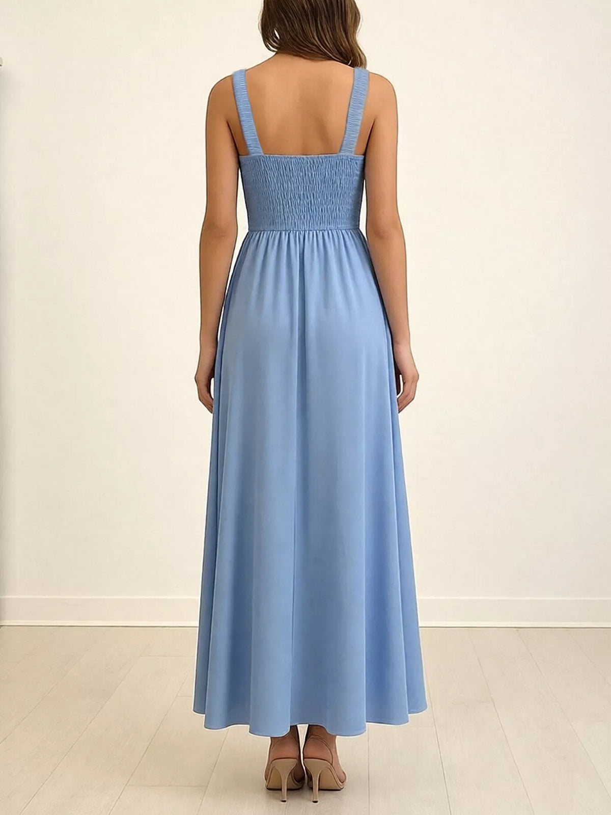 Blue smocked wide strap maxi dress with slit detail view