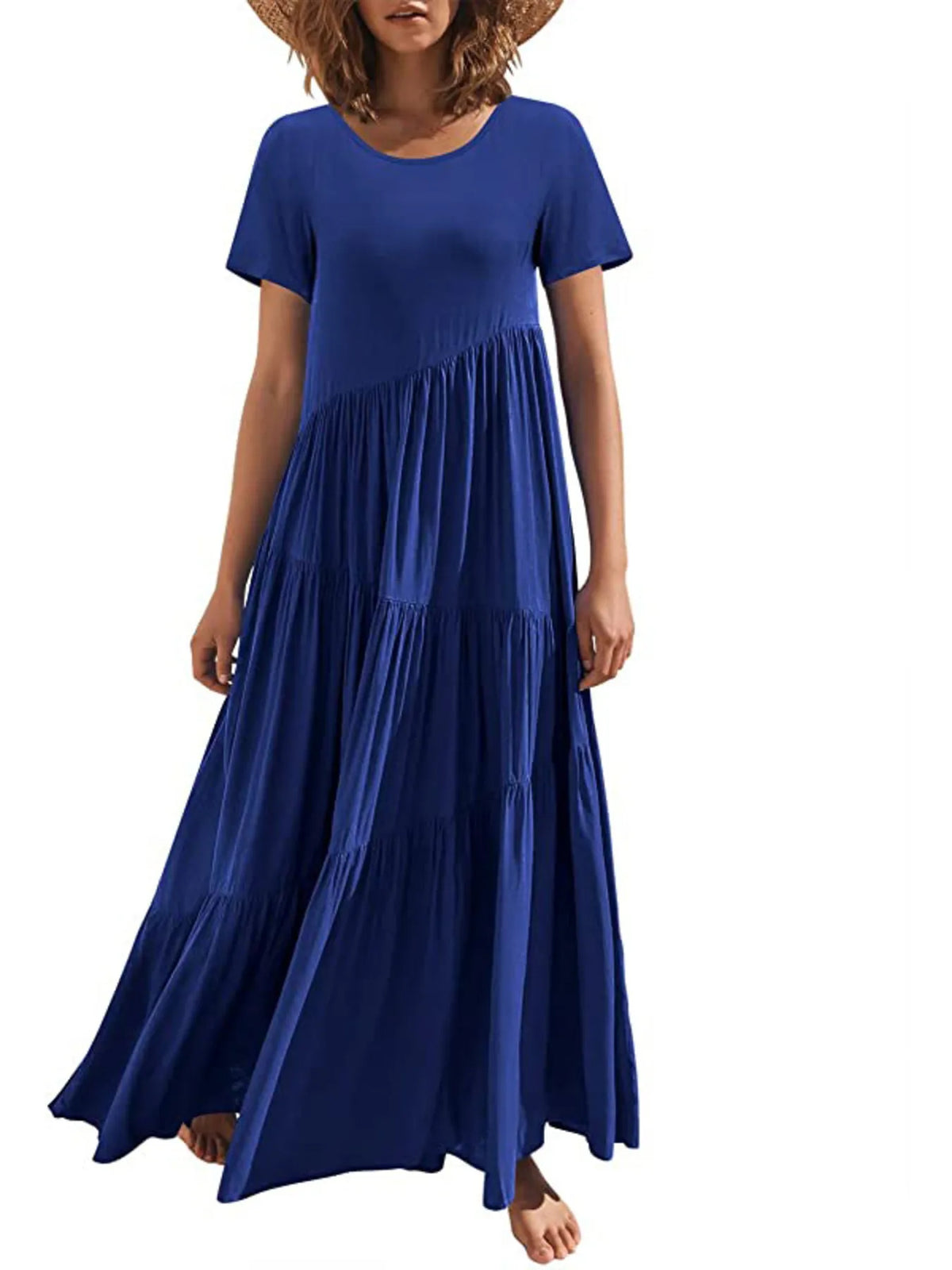 round neck tiered ruffle maxi dress seated pose
