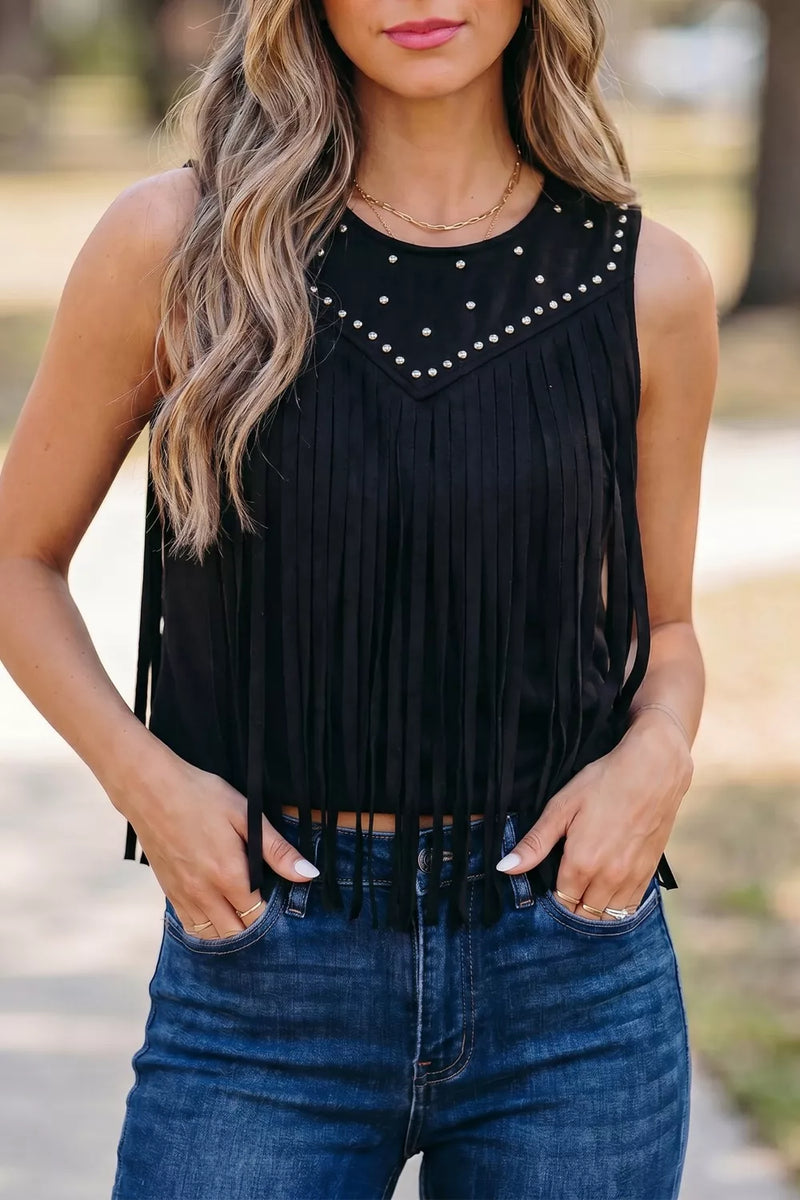 Western fringe sleeveless top in black front view