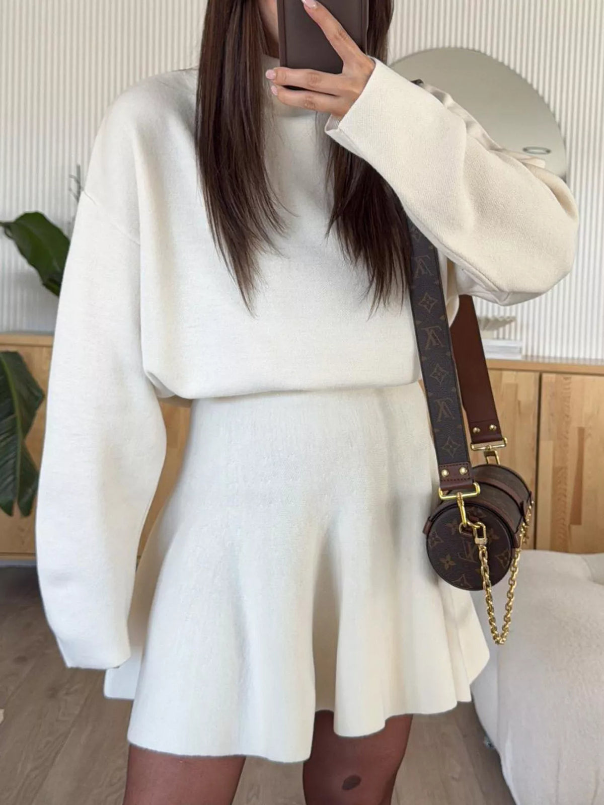 Round neck long sleeve sweater dress front view