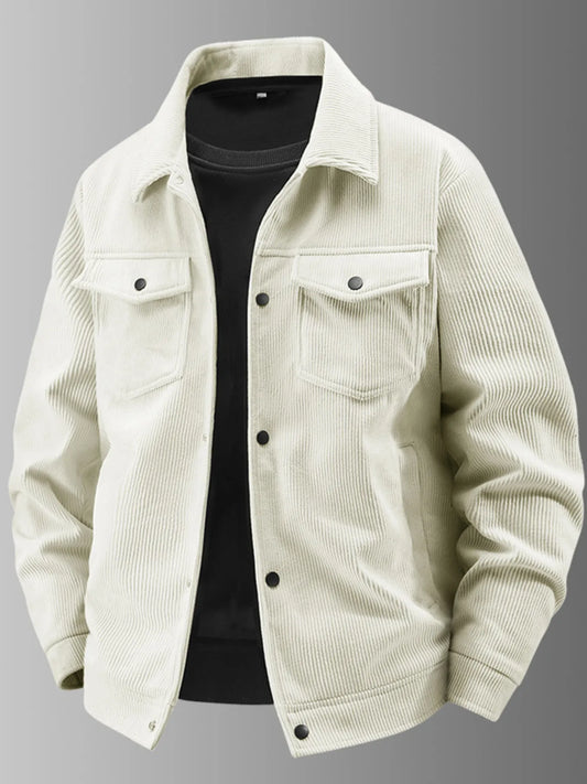 Men's Plus Size Corduroy Button-Up Jacket with Chest Pockets Beige - Fashorio