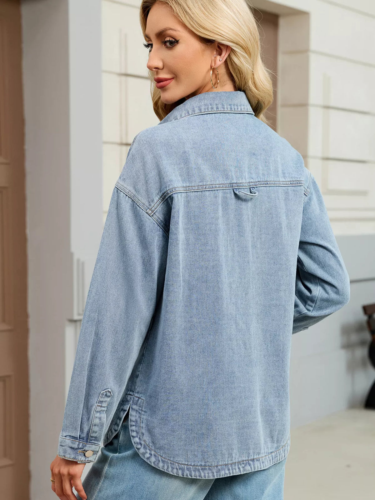 Drop Shoulder Button Up Denim Jacket in Black view 10