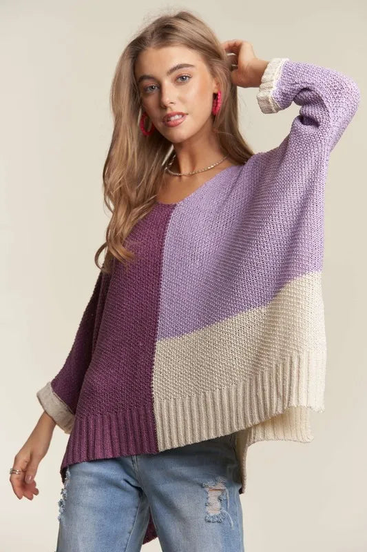 Side Slit Color Block Long Sleeve Sweater in Deep Purple styled look
