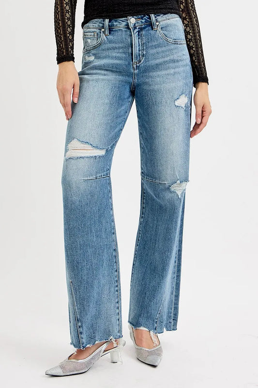 RISEN Full Size Mid Rise Fit Wide Baggy Leg Tie Washed Jeans Plus Size MEDIUM - Fashorio