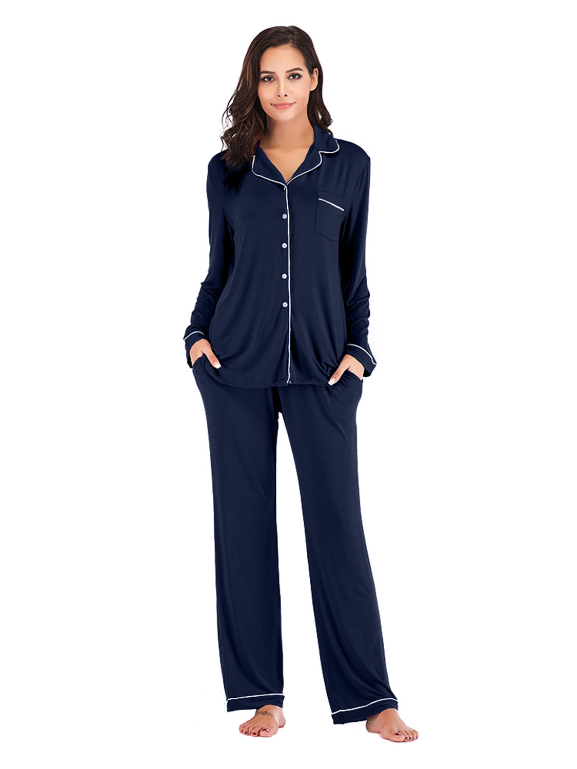 Collared Neck Long Sleeve Loungewear Set with Pockets - Fashorio