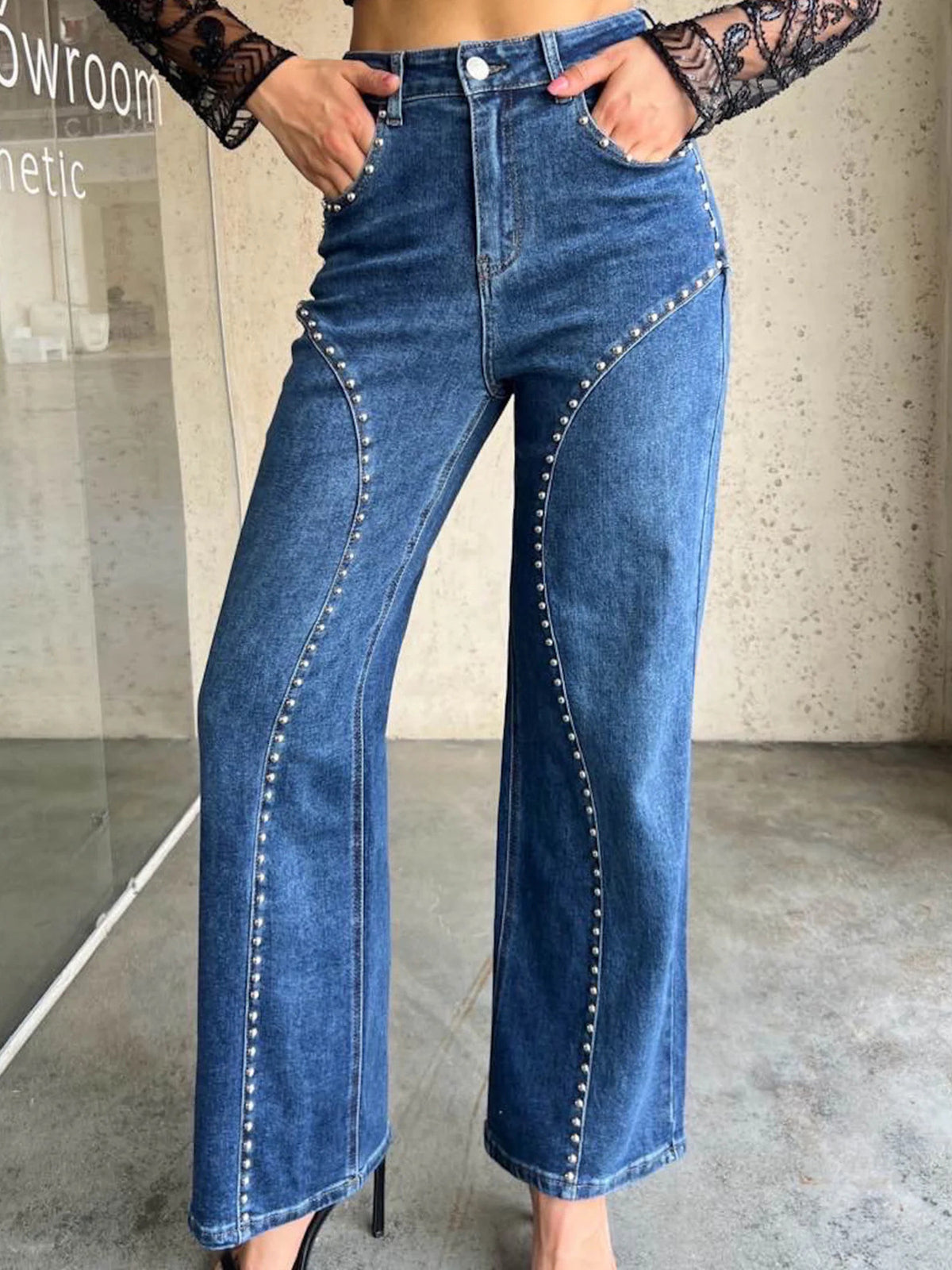 Studded wide leg jeans in dusty blue front view