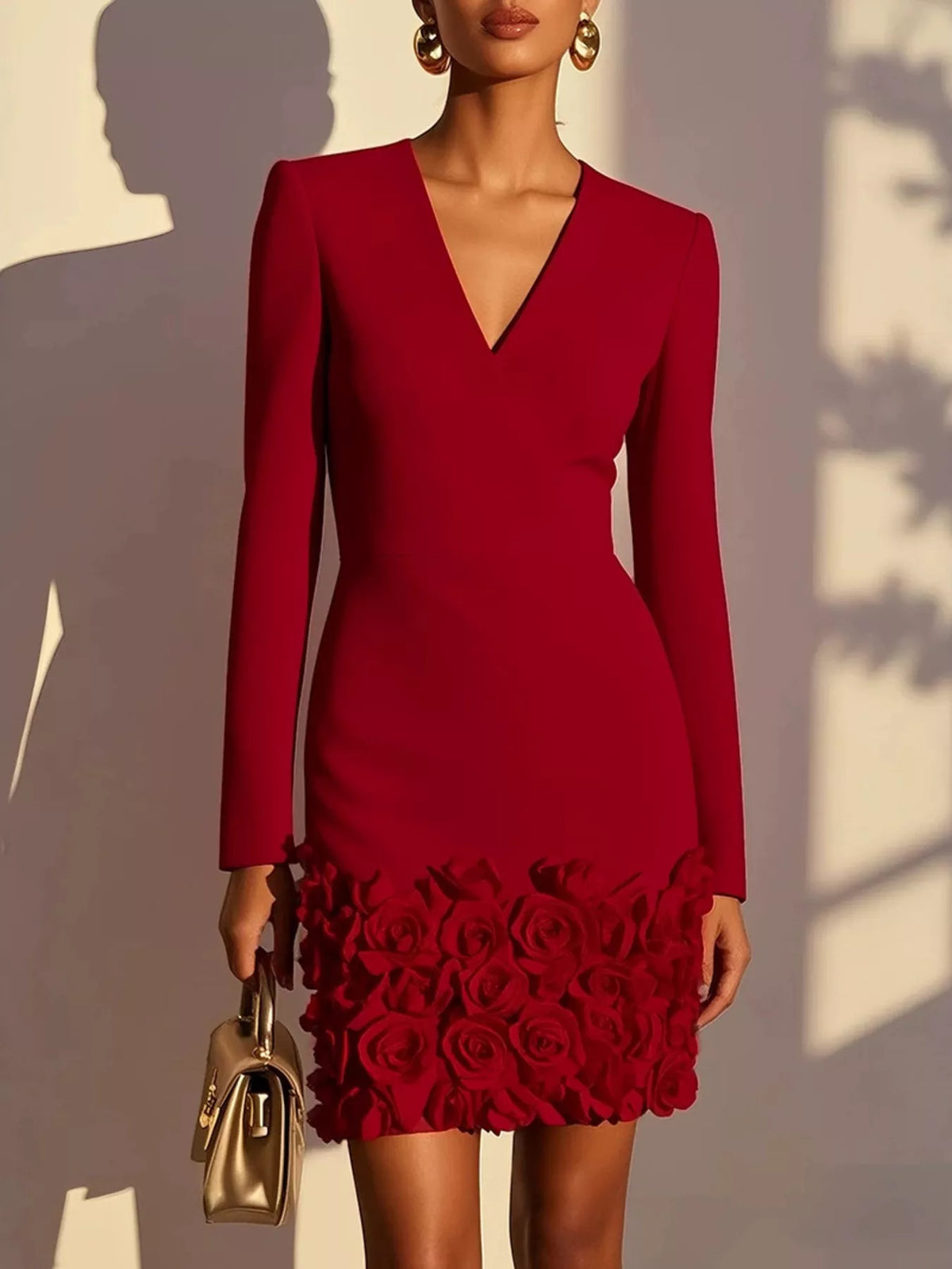 Rose embellished V neck dress close up