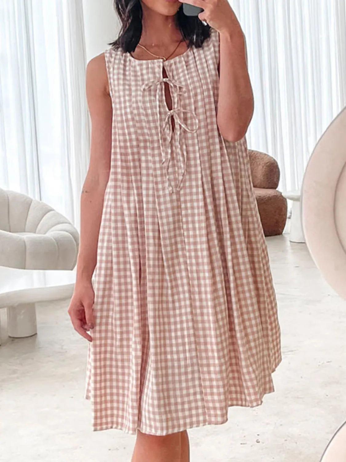 Plaid Tie Front Sleeveless Dress in Black side view