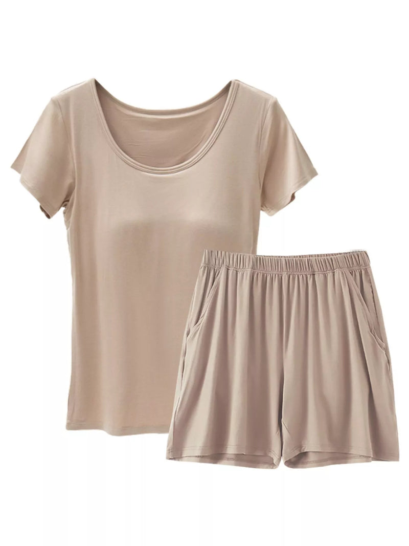 Plus size padded modal short sleeve top and shorts set front view