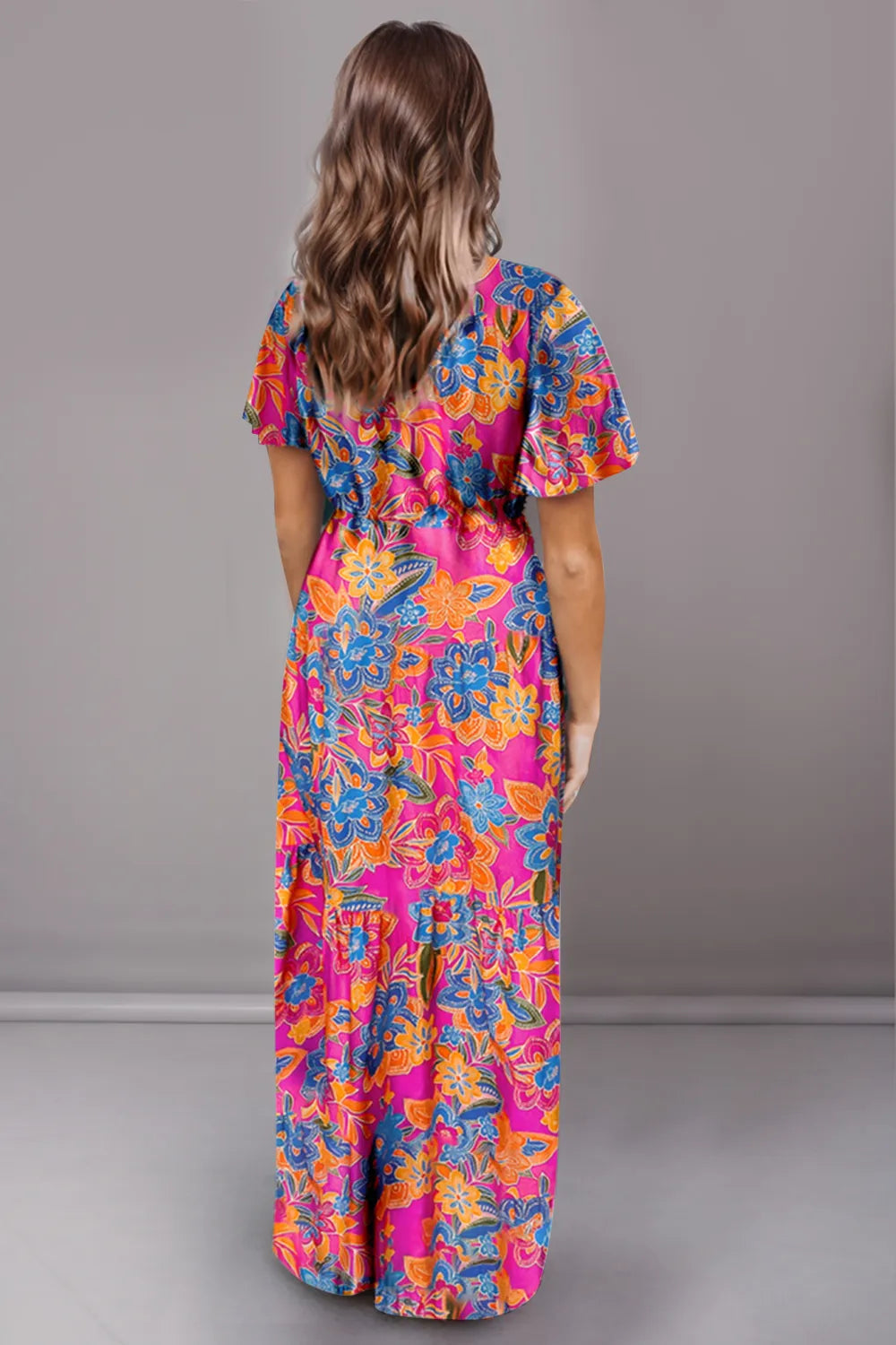 Printed Surplice Short Sleeve Maxi Dress - Fashorio
