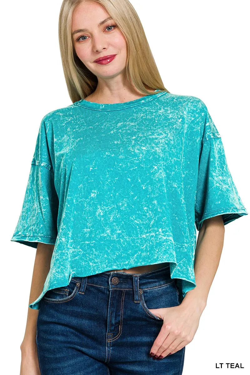 Zenana Acid Crinkle-Washed Oversized T-Shirt LT TEAL - Fashorio