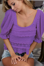 BiBi Square Neckline with Puff Sleeve Crochet Top LAVENDER - Fashorio