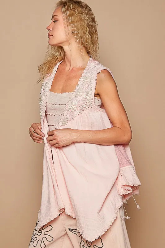 POL Embroidered Pearls Open Front Sleeveless Cardigan - Fashorio