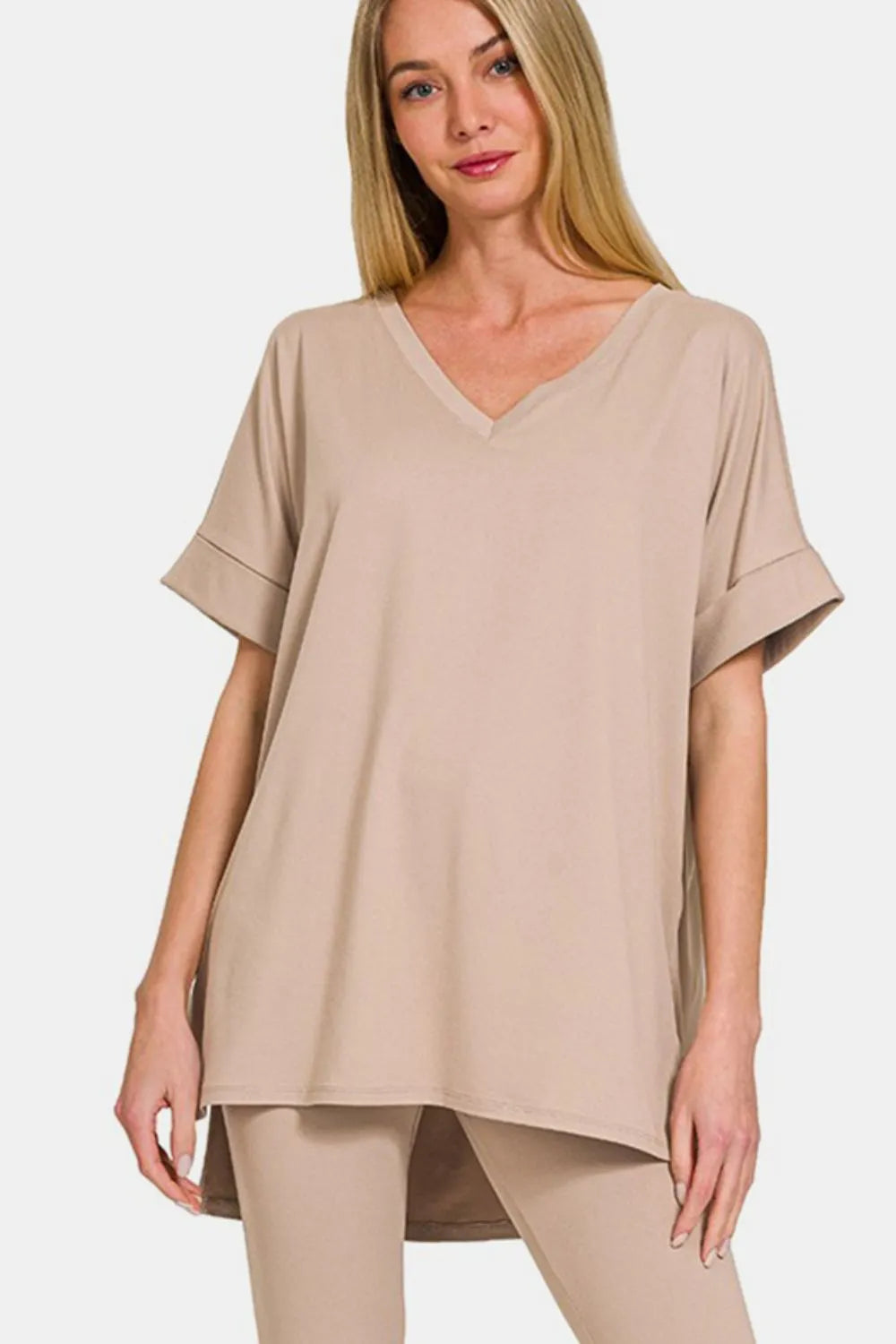 Zenana Full Size V-Neck Rolled Short Sleeve T-Shirt and Leggings Lounge Set - Fashorio