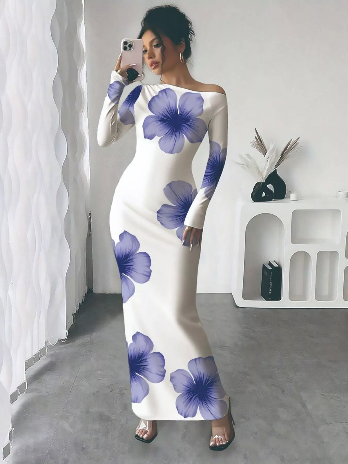 Floral one shoulder dress in neutral shade