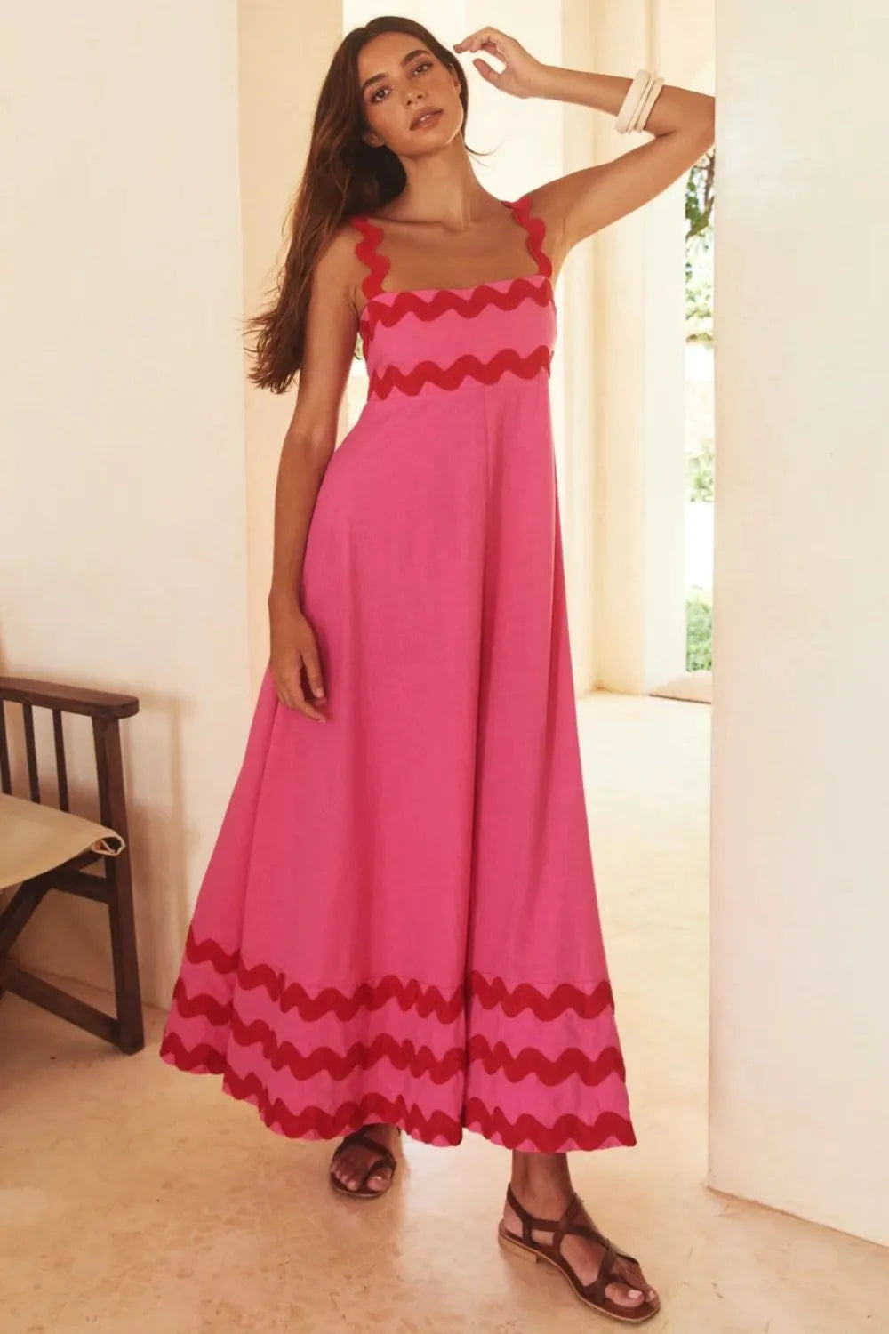 Hot pink contrast trim square neck dress front view