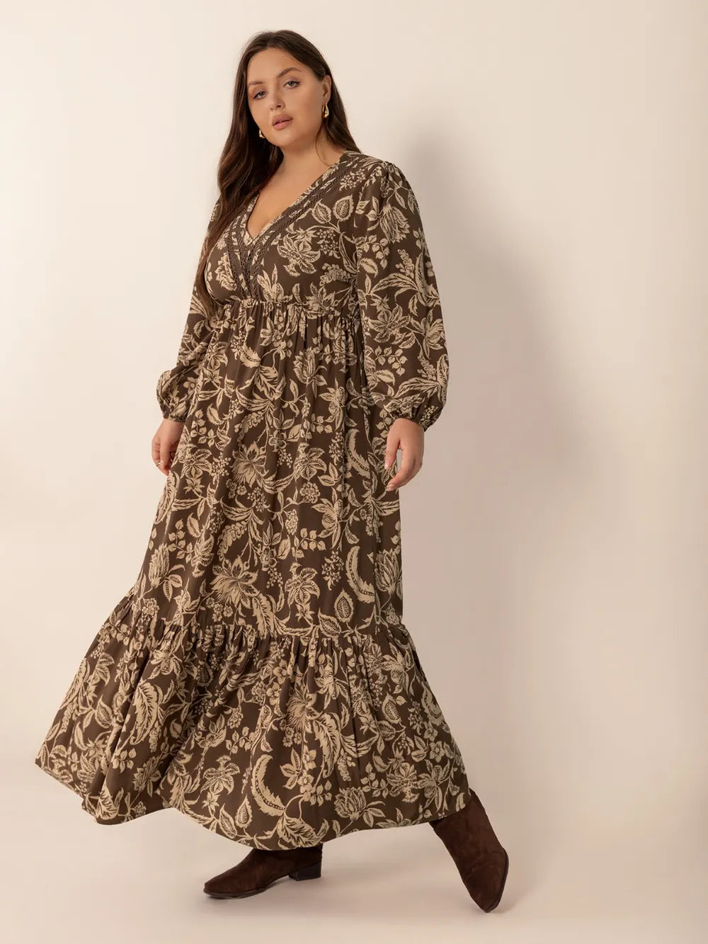 camel plus size printed v neck balloon sleeve maxi dress full length view