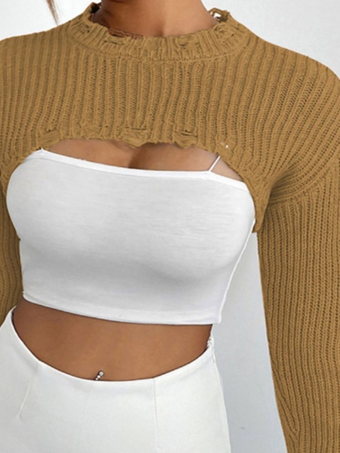 Distressed Long Sleeve Cropped Sweater - Fashorio