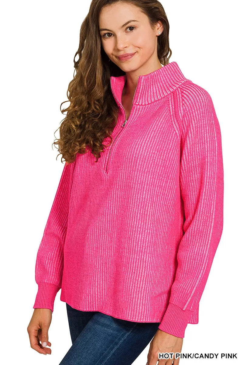 Ribbed Two Tone Half Zip Sweater in Hot Pink side view