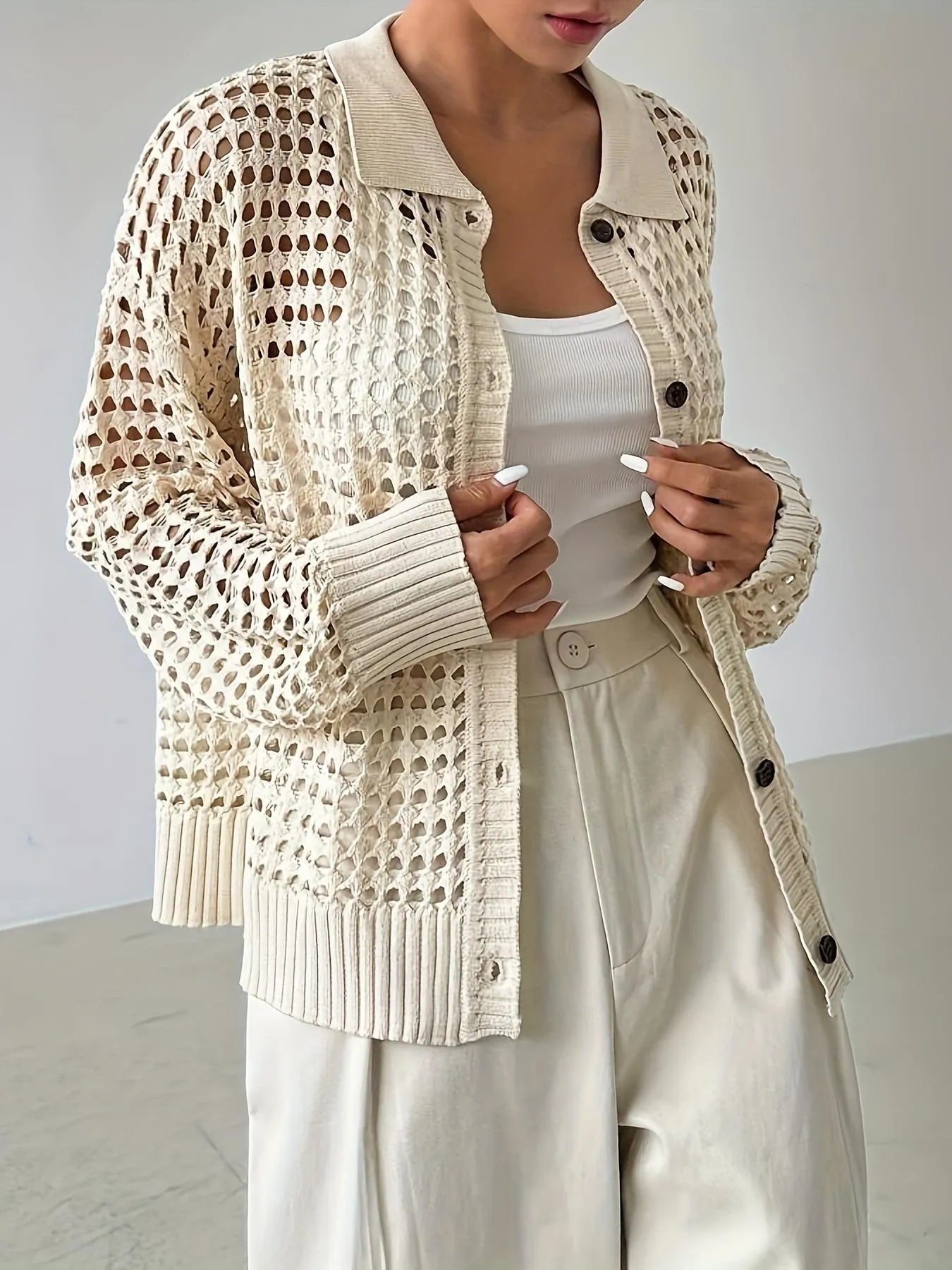 Hollow Out Knit Button Front Cardigan Cream - Fashorio