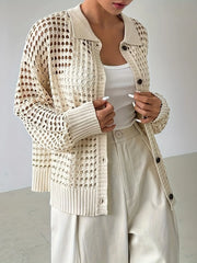 Hollow Out Knit Button Front Cardigan Cream - Fashorio