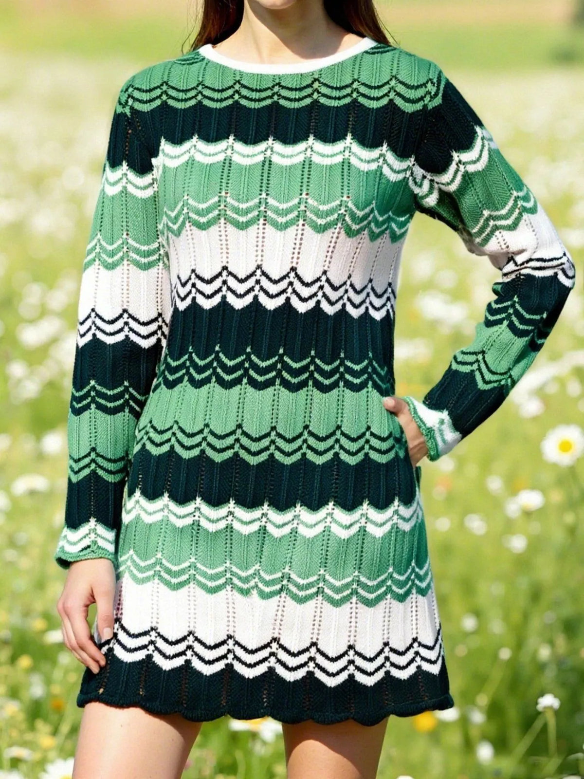 openwork wave pattern knit sweater dress side view