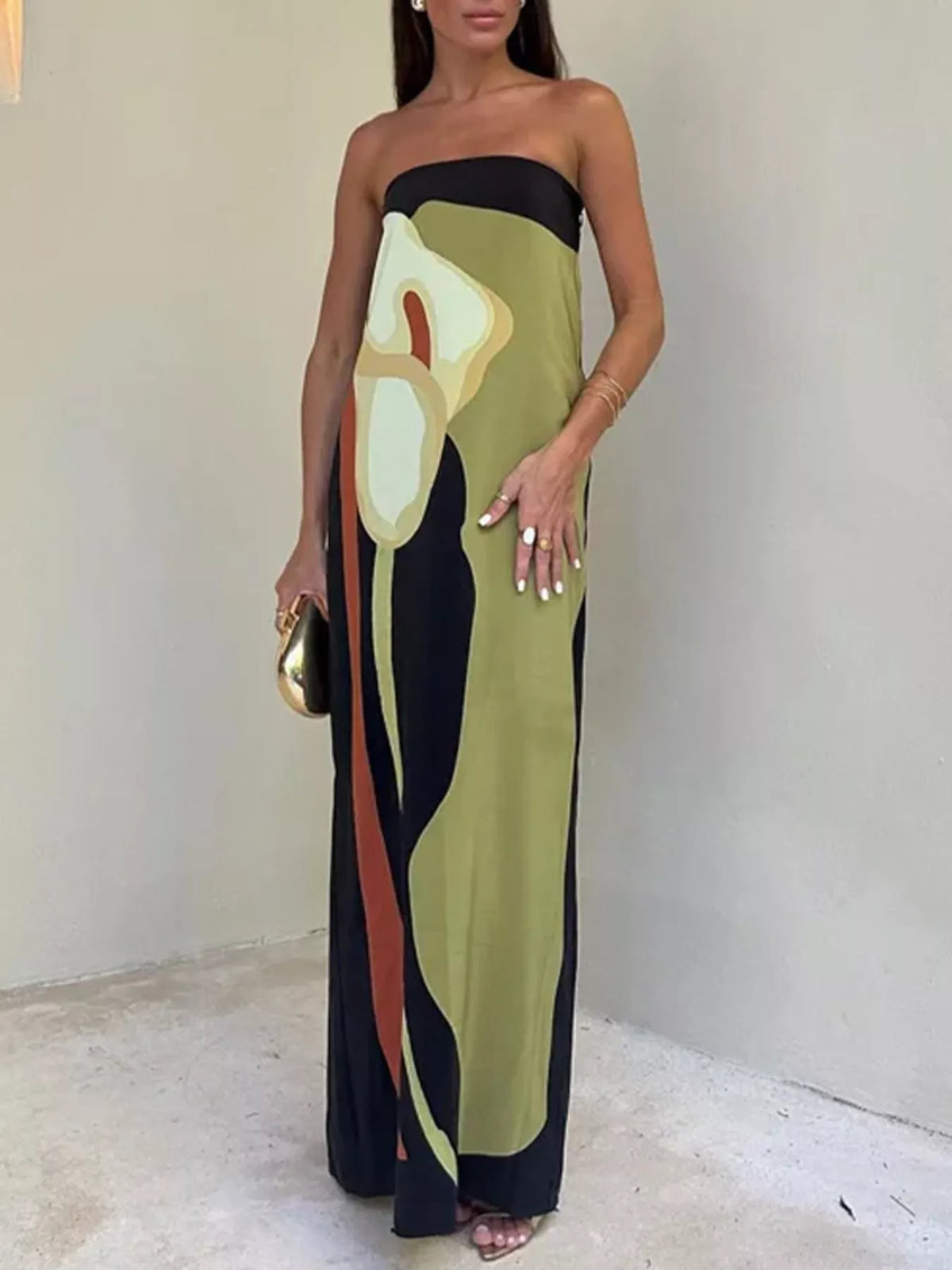 Matcha green strapless maxi dress front view