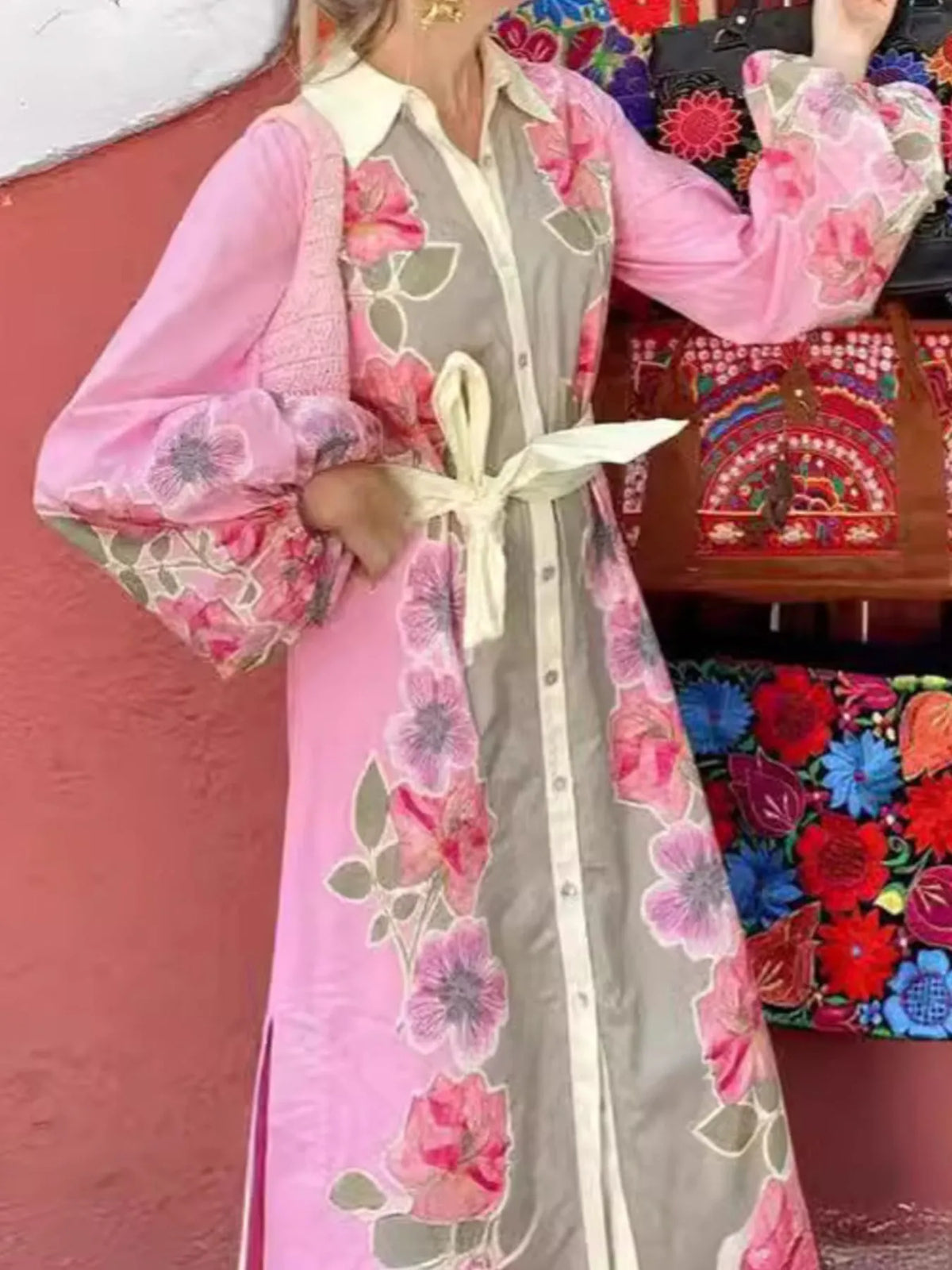 Pink floral long sleeve maxi shirt dress, back view