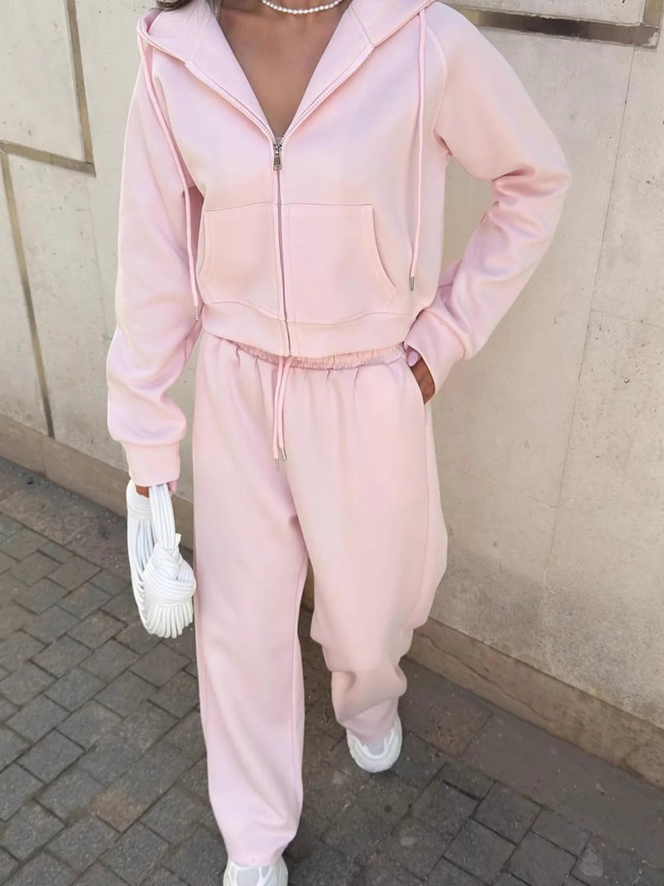Zip Up Drawstring Hoodie and Pants Set Blush Pink - Fashorio