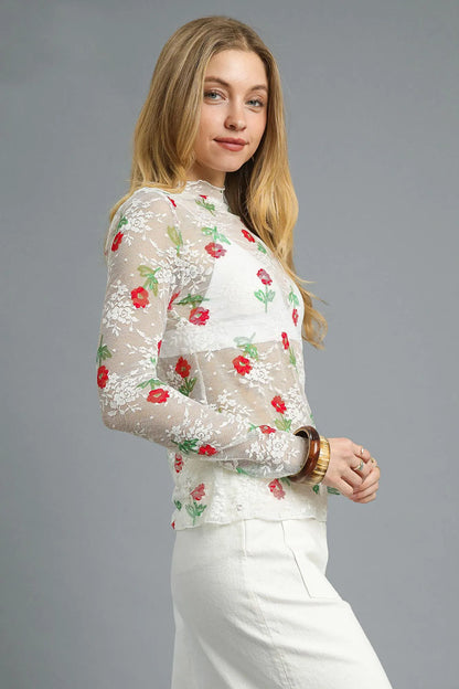 Umgee Floral Mock Neck Long Sleeve Sheer Top - Fashorio