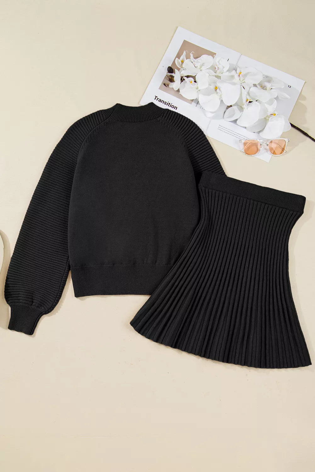 Black knit two piece sweater set front view